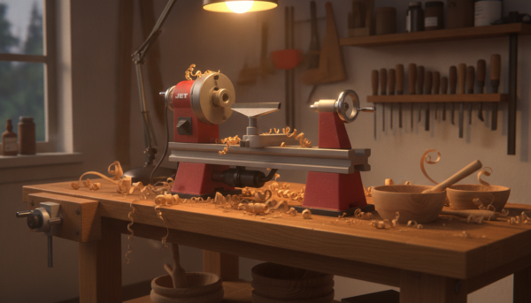 A high-quality professional studio shot of a Jet JWL 1221VS wood lathe on a sturdy oak workbench, soft warm lighting, wood shavings scattered artistically, 8k resolution, cinematic atmosphere.