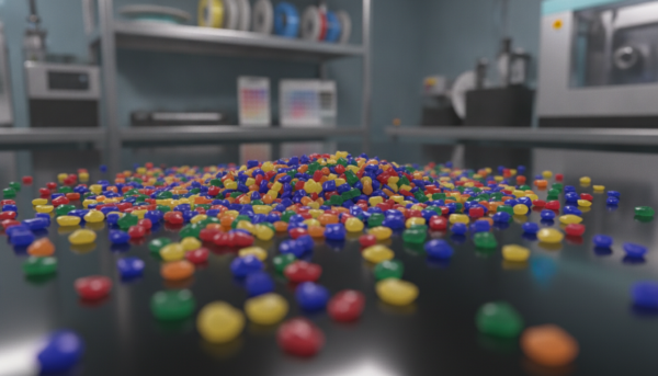 A highly detailed close-up image of a precision blend of vibrant, colorful polymer granules intended for molding applications, showcasing a spectrum of colors like deep blues, bright yellows, and rich reds. The granules should be scattered on a sleek, reflective lab surface to emphasize their texture and brightness. In the background, blurred shelves filled with professional-grade molding equipment and color charts suggest a high-tech environment. Soft, diffuse lighting highlights the granules' shine, creating an inviting contrast. The focus should be sharp on the granules, with a depth of field that softly blurs the background, evoking a mood of creativity and professionalism in material selection for industrial applications. A highly detailed close-up image of a precision blend of vibrant, colorful polymer granules intended for molding applications, showcasing a spectrum of colors like deep blues, bright yellows, and rich reds. The granules should be scattered on a sleek, reflective lab surface to emphasize their texture and brightness. In the background, blurred shelves filled with professional-grade molding equipment and color charts suggest a high-tech environment. Soft, diffuse lighting highlights the granules' shine, creating an inviting contrast. The focus should be sharp on the granules, with a depth of field that softly blurs the background, evoking a mood of creativity and professionalism in material selection for industrial applications.