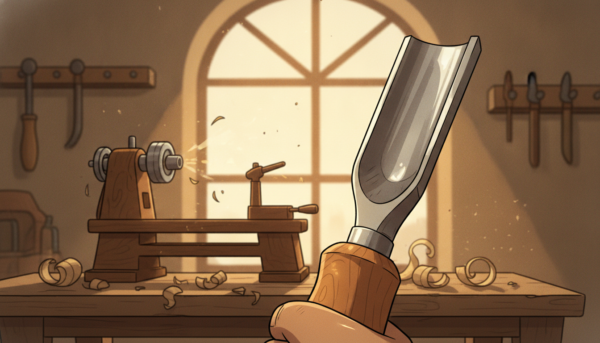 A highly detailed gouge tool for woodturning, prominently displayed in the foreground with a polished wooden handle and sharp metal blade, reflecting craftsmanship and utility. The middle ground showcases a blurred wooden lathe with shavings scattered around, hinting at recent use. In the background, warm, ambient light filters through a workshop window, illuminating the fine grains of the wood and creating a soft, inviting atmosphere. The lighting should emphasize the shiny blade and textured wood, while the overall mood evokes a sense of skill and artistry associated with woodworking. The angle captures the gouge as if it’s about to be used, highlighting its importance in avoiding common mistakes in woodturning. No text or additional elements are included. A highly detailed gouge tool for woodturning, prominently displayed in the foreground with a polished wooden handle and sharp metal blade, reflecting craftsmanship and utility. The middle ground showcases a blurred wooden lathe with shavings scattered around, hinting at recent use. In the background, warm, ambient light filters through a workshop window, illuminating the fine grains of the wood and creating a soft, inviting atmosphere. The lighting should emphasize the shiny blade and textured wood, while the overall mood evokes a sense of skill and artistry associated with woodworking. The angle captures the gouge as if it’s about to be used, highlighting its importance in avoiding common mistakes in woodturning. No text or additional elements are included.