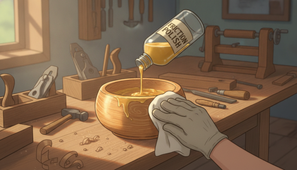 A meticulously arranged wooden workbench bathed in soft, natural light, showcasing a clear glass bottle of friction polish being gently poured over a finely turned wooden bowl. In the foreground, the polished wood reflects a warm glow, emphasizing its intricate grain patterns. The middle ground features an artist's hand, clad in a modest work glove, skillfully applying the polish with a clean cloth, capturing a sense of careful craftsmanship. The background is slightly blurred, revealing various woodworking tools and a wooden lathe, creating an atmosphere of creativity and skill. The overall mood is serene and focused, highlighting the art of woodworking and the transformative effect of friction polish in achieving a perfect finish.