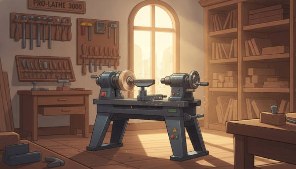 A precision wood lathe stands prominently in a well-lit workshop, showcasing its sleek, modern design and robust construction. The foreground features the lathe with intricate details, including its adjustable components and polished wood piece in motion, hinting at craftsmanship in action. In the middle, a tool cabinet is neatly organized with chisels and other woodworking tools, emphasizing the artisan's environment. The background depicts shelves filled with various types of wood and a large window allowing natural light to stream in, casting soft shadows that enhance the workspace. The atmosphere is one of creativity and productivity, with warm, inviting tones. The image should evoke a sense of precision and professionalism, perfect for showcasing the advantages of a free-standing wood lathe.