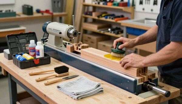 A professional workshop environment focusing on cleaning and lubrication methods for a wood lathe. In the foreground, a well-organized workbench with essential cleaning tools like brushes, cloths, and lubricants. Nearby, an open toolbox reveals various lubricant bottles. In the middle, a wood lathe is prominently displayed, showing parts partially disassembled for maintenance, glistening with fresh lubricant. The background features shelves filled with woodturning tools and equipment, illuminated by bright workshop lighting. An overall atmosphere of diligence and craftsmanship permeates the scene, capturing the importance of proper maintenance. The angle is slightly overhead, emphasizing the cleanliness and organization of the workspace.