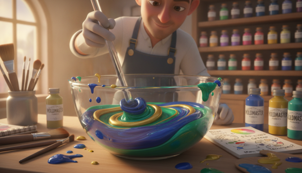 A professional workspace featuring a vibrant marbled effect created with Moldmaster pigments. In the foreground, a skilled artisan is gently mixing various colorful Moldmaster pigments in a clear mixing bowl, showcasing a swirl of blue, green, and gold hues. The middle ground captures a sleek work table cluttered with paintbrushes, containers of pigments, and an open notebook with color mixing notes. In the background, soft-focused shelves lined with neatly labeled pigment jars add depth. The scene is illuminated by warm, natural light streaming in from a large window, enhancing the vivid colors and creating a welcoming atmosphere. The overall mood is creative and inspiring, inviting viewers to explore the art of marbling with Moldmaster.