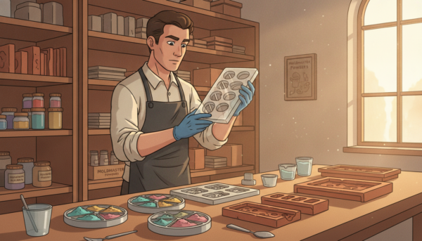 A professional workspace, focusing on the meticulous preparation of various molds for the Moldmaster powders. In the foreground, a skilled artisan, dressed in modest, professional clothing, carefully inspects a polished silicone mold with a smooth finish, showcasing the intricate details of the mold's design. In the middle ground, a neatly organized table displays an assortment of high-quality molds, some filled with colorful powders, while tools like spatulas and measuring cups are artistically placed around to suggest precision. The background features a softly lit workshop, with shelves holding additional molds and materials, where natural light gently filters in through a nearby window, creating an inviting and focused atmosphere. The overall mood is one of professionalism, dedication, and artistry.