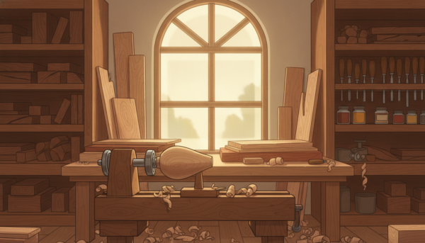 A serene woodworking studio, featuring an assortment of finely selected wood pieces for turning, showcasing a variety of grains and colors. In the foreground, a polished wooden lathe stands ready for use, with shavings scattered around it, reflecting the intricacies of woodturning. The middle ground reveals a well-organized workbench, stacked with different types of wood—maple, walnut, cherry—highlighting their unique textures and hues. Soft, warm natural light filters through a large window, creating a cozy atmosphere. The background includes shelves filled with tools and jars of wood finish, enhancing the craftsmanship environment. The scene captures the essence of choice and artistry in woodturning, evoking a sense of inspiration and professionalism.