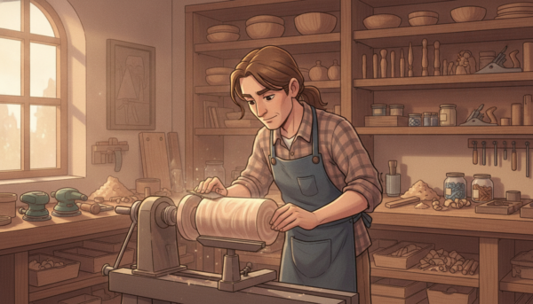 A serene woodworking workshop scene focused on the process of sanding wood on a lathe. In the foreground, highlight a skilled artisan wearing modest casual clothing, carefully holding sandpaper against a smooth piece of wood as it spins on the lathe. The wood surface should glisten subtly, showcasing the fine grains. In the middle ground, include various tools like high-quality sanders, clamps, and wood shavings scattered around, evoking a sense of craftsmanship. The background should feature wooden shelves filled with neatly organized tools and finished products, softly illuminated by warm, natural light coming from a nearby window, creating a cozy and inviting atmosphere. The composition should emphasize focus and precision in woodworking, with a depth of field that slightly blurs the background to ensure the artisan and the lathe remain the main focus of the image.