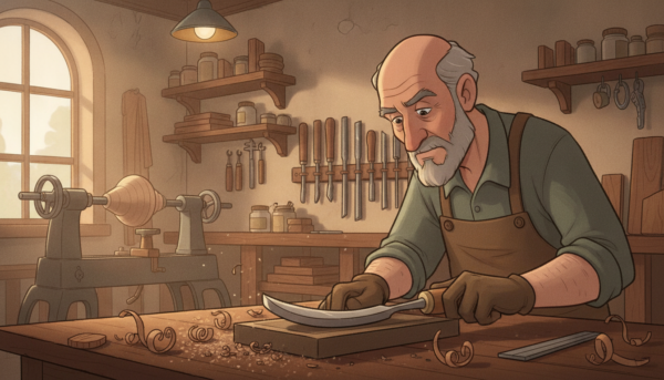 A skilled artisan focused on sharpening woodturning tools in a well-lit workshop. In the foreground, a gloved hand is meticulously honing a chisel on a whetstone, with fine particles of wood shavings surrounding the workspace. The middle ground features various sharp tools displayed neatly, including gouges and scrapers, polished and ready for use. The background shows wooden shelves filled with essential tools, a lathe, and natural wood pieces. Soft, warm lighting creates a welcoming atmosphere, while a faint focus on the craftsman’s concentrated expression indicates dedication. The scene should convey a rich, rustic ambiance, emphasizing precision and craftsmanship in woodturning.