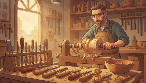 A skilled artisan focuses on woodturning using various types of gouges in a bright workshop setting. In the foreground, a wooden lathe showcases vibrant, polished wood shavings spiraling elegantly around it. The middle ground features an array of gouges with distinctive shapes and sizes arranged neatly on a wooden workbench, catching the light from a nearby window. The artisan, dressed in modest, professional attire, is intently shaping a piece of wood, demonstrating precision and technique. Soft, natural light streams in, illuminating dust motes in the air, creating a warm and inviting atmosphere that highlights the artistry of woodturning. The background displays shelves filled with wooden pieces and tools, enhancing the rich context of this traditional craft.
