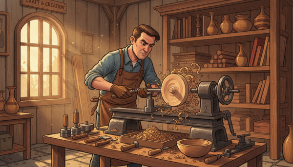 A skilled artisan is carefully preparing a wooden piece on a lathe, surrounded by tools and vibrant shavings in a well-lit workshop. In the foreground, the artisan, dressed in professional work attire, focuses intently on adjusting the piece held securely in a sturdy mandrel. The middle ground showcases various woodworking tools, including chisels and calipers, while a wooden workbench is filled with meticulous details of the crafting process. In the background, shelves stacked with different types of wood and finished products create a sense of depth. Soft, natural lighting filters through a window, casting warm tones and shadows, enhancing the atmosphere of craftsmanship and dedication. The composition captures the essence of woodturning fundamentals in a serene and focused environment.