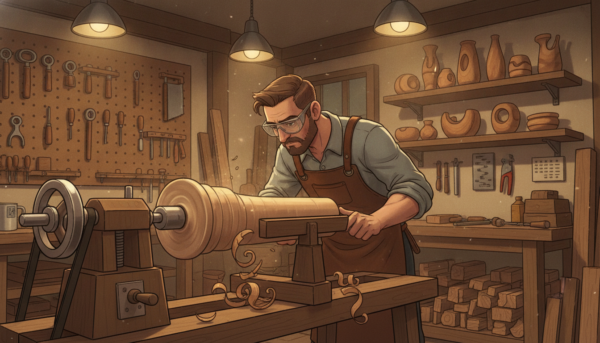 A skilled artisan working on a wooden lathe, focusing intently on shaping a beautiful, intricately designed wooden bowl. In the foreground, prominently display the lathe's detailed mechanism with shavings of wood curling off it. The middle section showcases the artisan, dressed in a modest, professional outfit, with wood dust gently floating in the air, illuminated by warm, soft lighting from overhead lamps. The background features a cozy workshop filled with various woodworking tools, stacks of timber, and shelves lined with completed turned wood projects. Capture the atmosphere of concentration and craftsmanship, with a slight warm glow that inspires creativity and dedication to the art of woodturning. The angle should provide an intimate view, emphasizing the precision and skill of the craft.