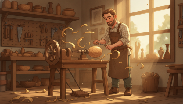 A skilled craftsman in modest work attire stands focused at a lathe, creating a beautifully turned wooden bowl from a freshly cut log. In the foreground, emphasize the intricate details of the lathe, with shavings of wood cascading around it and the smooth grain of the wood catching the light. In the middle ground, depict the craftsman's hands skillfully guiding the wood piece, showcasing motion, with soft fingers gripping the tool. The background features a sunlit workshop filled with various woodworking tools and shelves lined with completed wooden pieces, casting gentle shadows. The atmosphere feels warm and inviting, highlighting the art of woodturning and the connection between the artisan and their craft, with warm, golden lighting enhancing the scene.