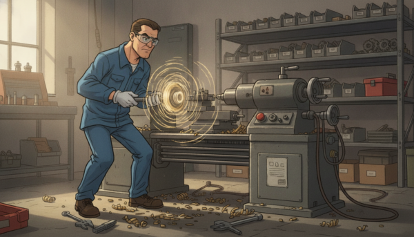A skilled technician in professional attire is engaged in air turning, carefully preparing a workpiece on a lathe. The scene features the technician in the foreground, concentrating on the workpiece secured in the mandrel, showcasing intricate details like metal shavings and tools scattered around. In the middle ground, the lathe and various cutting tools are visible, highlighting the precision of the setup. The background includes shelves filled with neatly organized tools and components, creating a workshop atmosphere. Soft, natural lighting illuminates the scene, with a slight focus on the technician's hands to emphasize craftsmanship. The overall mood is focused and industrious, reflecting the expertise required in the art of air turning.