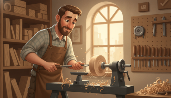 A skilled woodturner is focused on a lathe, shaping a wooden piece between centers. In the foreground, the woodturner, dressed in a modest, professional outfit, is carefully guiding the chisel along the spinning wood. The middle ground features a well-equipped workshop with tools neatly arranged, showcasing various chisels, a measuring tape, and wood shavings scattered around. The background reveals shelves stocked with different types of wood and a soft, warm light filtering through a nearby window, creating a cozy atmosphere. The image captures the precision and craftsmanship of woodturning, emphasizing the technique of turning wood between centers, with a focus on the intricate details of the process.