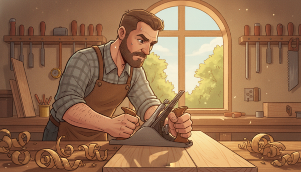 A skilled woodworker in modest casual clothing is expertly using a wood plane in a well-lit workshop, capturing the essence of craftsmanship. The foreground features detailed close-ups of the wood plane, highlighting its smooth, sharp blade and ergonomic handle against a backdrop of polished wood shavings. The middle ground showcases the woodworker's focused expression and technique, emphasizing precision as they guide the plane along a piece of raw wood. In the background, various woodworking tools are neatly arranged on a workbench, with warm, natural light streaming through a window, creating an inviting atmosphere that reflects the art of woodworking.
