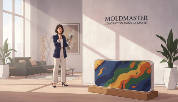 A sleek and modern interior showcasing a stunning plaster wall finish labeled "Moldmaster Coloration dans la masse". In the foreground, a beautifully textured plaster sample exhibits rich, vibrant colors, with intricate patterns and smooth edges. The middle ground features a well-lit room with natural light streaming in through large windows, illuminating the plaster finish and creating subtle shadows. A professional interior designer is inspecting the wall, dressed in smart casual attire, reflecting a focus on quality and craftsmanship. The background features complementary decor with minimalist design elements, enhancing the overall aesthetic. The atmosphere is sophisticated and inviting, emphasizing the elegance and versatility of the Moldmaster finish. The composition should capture attention while maintaining a sense of professionalism and refinement.