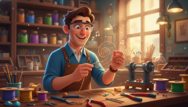 A vibrant workshop scene depicting an introduction to creative wire turning techniques. In the foreground, a skilled artisan in professional attire carefully handles intricately shaped wire, showcasing various turns and decorations. The middle ground features a beautifully arranged selection of tools, such as pliers, wire cutters, and a traditional lathe, creating a sense of organized chaos. The background contains shelves filled with colorful materials and tools, with warm, diffused lighting highlighting the textures of the workspace. A slight depth of field effect adds focus to the artisan's hands and the wirework, while the atmosphere conveys inspiration and creativity. The overall mood is welcoming and productive, inviting viewers into the world of decorative wire turning.
