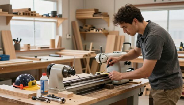 A well-lit woodworking shop focused on the theme of maintenance and safety practices for a lathe. In the foreground, a professional wearing modest casual clothing inspects the lathe for wear, using a tool for precise measurements. In the middle, an organized workbench displays essential tools like wrenches, lubricants, and safety gear, highlighting the theme of regular checks. The background shows shelves lined with wood and parts, with natural light filtering through a window, creating a warm and inviting atmosphere. The scene conveys a sense of responsibility and craftsmanship, emphasizing the importance of routine maintenance in woodworking.