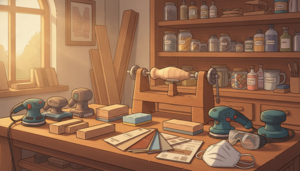A well-lit woodworking workshop, focusing on the essentials of sanding. In the foreground, a variety of sanding tools like sanders, sanding blocks, and sponges neatly arranged on a workbench. Close-up view of assorted abrasives, showing different grits and textures, alongside safety goggles and dust masks. In the middle ground, a wooden lathe with a freshly turned wooden piece ready for sanding, showcasing its smooth surface. The background features shelves filled with containers of sanding materials and wood finishing products, illuminated by soft natural light coming through a window, creating a warm and inviting atmosphere. The angle of the shot should emphasize the workspace's organized setup, conveying a sense of professionalism and craft.