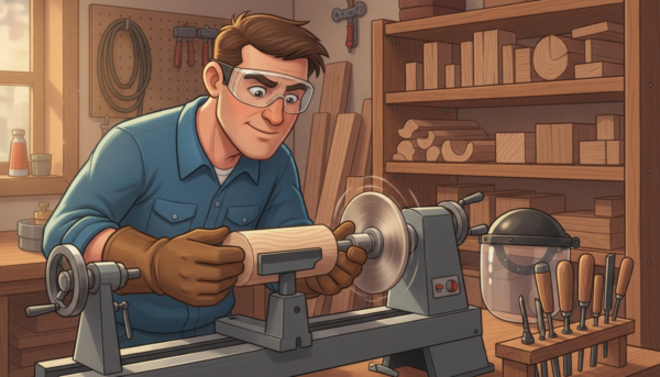 A well-lit workshop scene focusing on safety during woodturning. In the foreground, a skilled woodworker in a professional work shirt and safety goggles carefully inspects a wooden block placed securely on a lathe. The middle ground features the lathe prominently, showcasing its spinning motion, with tools like chisels and a face shield nearby, emphasizing the importance of preparation. The background highlights shelves filled with wood and tools, with soft, warm lighting creating an inviting atmosphere. The angle should capture the action clearly, with the woodworker’s focused expression demonstrating their attention to safety. The overall mood is one of professionalism and caution, illustrating the essential safety measures before operating a wood lathe.