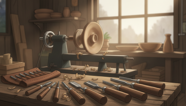 A well-organized woodworking workspace featuring various turning tools for woodturning, such as gouges, scrapers, and chisel sets. In the foreground, display a selection of gouges with distinct shapes and sizes arranged artistically on a wooden workbench, showcasing their sharp blades and ergonomic handles. In the middle ground, include a partially completed wooden bowl on a lathe, with shavings scattered around, signifying active work. In the background, soft, warm natural light filters through a window, illuminating the wood grains and enhancing the cozy atmosphere. Use a shallow depth of field, focusing on the tools while softly blurring the background, creating a serene yet industrious mood that reflects the craftsmanship of woodturning. A well-organized woodworking workspace featuring various turning tools for woodturning, such as gouges, scrapers, and chisel sets. In the foreground, display a selection of gouges with distinct shapes and sizes arranged artistically on a wooden workbench, showcasing their sharp blades and ergonomic handles. In the middle ground, include a partially completed wooden bowl on a lathe, with shavings scattered around, signifying active work. In the background, soft, warm natural light filters through a window, illuminating the wood grains and enhancing the cozy atmosphere. Use a shallow depth of field, focusing on the tools while softly blurring the background, creating a serene yet industrious mood that reflects the craftsmanship of woodturning.