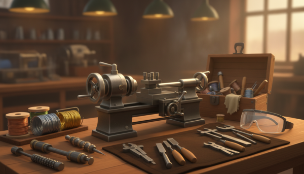 A well-organized workshop setup for metal turning, showcasing essential tools and materials. In the foreground, a sturdy lathe with shining metal accents is prominently displayed, surrounded by various tools such as chisels, calipers, and safety goggles arranged neatly on a workbench. In the middle ground, a toolbox brimming with different types of metal wires and decorative burnishing tools is visible. The background features soft overhead lighting that illuminates the workspace, creating a warm and inviting atmosphere. The scene captures an air of craftsmanship and precision, with the focus on the artistry of metalworking. Ensure the composition is clear and professional, with a depth of field that highlights the tools and materials essential for decorative metal turning.