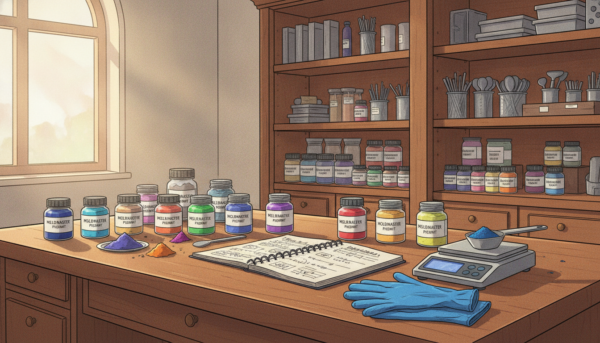 A well-organized workspace for preparing Moldmaster powder pigments, centered in the foreground with a clean, wooden table. Display a variety of vibrant pigment containers, neatly labeled, and a scale for precise measurements beside them. In the middle ground, include an open notebook with notes on pigment mixing techniques and a pair of safety gloves. The background should feature shelves stocked with additional Moldmaster supplies and tools, all well-organized. Soft, natural lighting filters in from a large window, illuminating the workspace to create a calm and focused atmosphere. Capture the image from a slightly elevated angle to showcase the full setup. Emphasize a professional and inviting mood, highlighting the importance of preparation for successful pigment mixing.