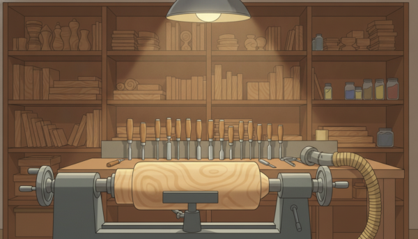A workspace arranged for woodturning, showcasing a well-prepared wood piece resting on a lathe in the foreground. The wood is smooth and polished, revealing rich, warm grains typical of maple or oak. In the middle ground, various tools are organized neatly—chisels, calipers, and a dust collector—creating a sense of readiness and professionalism. The background includes shelves filled with various types of wood and tool accessories, hinting at a well-stocked workshop environment. Soft, diffused lighting illuminates the scene, casting gentle shadows that enhance the textures of the wood and tools. The overall atmosphere is one of calm focus and craftsmanship, ideal for learning the basics of wood profiling.