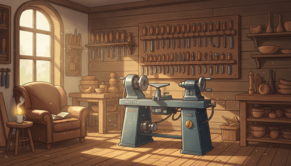 An atmospheric photo of a Holzstar DB510 Vario floor-standing wood lathe in a professional woodworking studio, natural light from a window, various woodturning tools hanging on the wall, hyper-realistic.