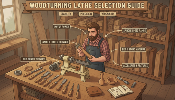 An informative and visually engaging composition showcasing the selection criteria for woodturning lathes. In the foreground, detailed tools and equipment for woodturning, such as a variety of chisels, a wood lathe, and samples of turned wood pieces, are arranged neatly on a workbench. The middle ground features a skilled artisan in professional casual attire, focused on examining wood pieces, with a notebook and measuring tools beside them. The background includes shelves lined with different wood types, creating a warm workshop atmosphere, illuminated by soft, natural lighting that emphasizes the textures of the wood. The angle is slightly elevated, capturing both the artisan's concentration and the array of tools, enhancing the mood of craftsmanship and dedication.