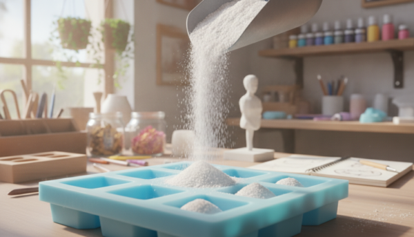 Cinematic close-up of a fine white mineral powder being poured into a silicone mold, soft natural lighting, craft workshop background, high resolution.
