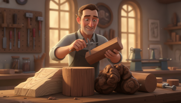 Close-up of various types of wood suitable for turning, displayed on a wooden workbench. In the foreground, clearly visible pieces of light and dark hardwoods, such as maple and walnut, with grain patterns highlighted. In the middle, a skilled artisan wearing a work apron examines a piece of wood with a caliper, symbolizing careful selection. In the background, a soft-focus workshop with tools hanging on the wall and warm, diffused lighting filtering through the windows, creating a cozy and inviting atmosphere. The entire scene conveys craftsmanship and the importance of choosing the right wood, emphasizing quality and texture in a serene setting.