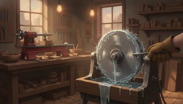 Meule à eau d'affûtage dans un atelier de tournage sur bois, rotation lente à 90 tours par minute, roue humide, plane de tourneur posée à côté, lumière chaleureuse, photo réaliste et détaillée