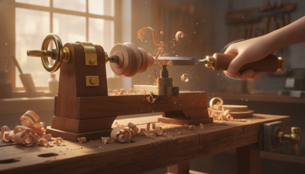 Photo réaliste d’une plane de tourneur en bois, lame en acier affûtée entre deux poignées robustes, posée sur un établi français, copeaux fins et pièce de bois en cours de façonnage, lumière chaude d’atelier, vue rapprochée, style artisanal premium