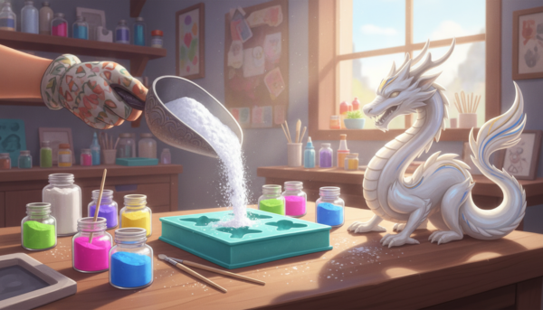 Photographie de haute qualité d'un atelier d'artisanat lumineux montrant de la poudre blanche versée dans un moule en silicone, avec des pigments de couleurs vives à côté et une création finie à la texture lisse comme de la porcelaine.