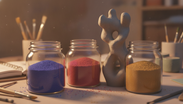 Photographie de haute qualité montrant des bocaux en verre remplis de pigments en poudre colorés (bleu cobalt, rouge rubis, ocre) à côté d'une sculpture en Moldmaster texturée, lumière d'atelier d'artiste, ambiance créative et chaleureuse.