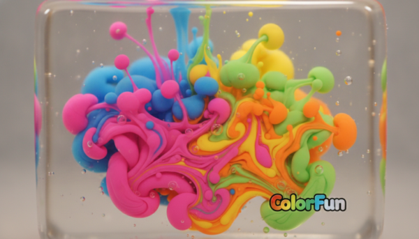 Photographie macro de gouttes de pâte colorante ColorFun haute concentration se mélangeant dans une résine cristalline, créant des spirales de couleurs vibrantes et saturées, éclairage de studio artistique, fond neutre.