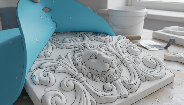 Photorealistic close-up of a flexible blue silicone mold being gently peeled away from a finished white Moldmaster decorative piece, showing intricate textures, soft natural lighting, workshop table background.