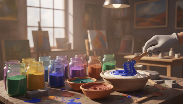Photorealistic close-up of vibrant mineral pigments in jars and concentrated color pastes being mixed into a white smooth plaster-like base, artistic workshop lighting, bright colors like ochre, ultramarine blue and oxide red.
