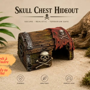 Une cachette pour reptile en forme de coffre au trésor pirate imprimée en 3D, de couleur unie et brute, avec un toit bombé texturé façon bois.