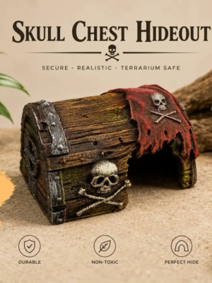 cachette-terrarium-coffre-pirate-brut Une cachette pour reptile en forme de coffre au trésor pirate imprimée en 3D, de couleur unie et brute, avec un toit bombé texturé façon bois.