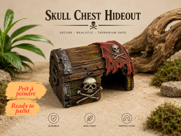 cachette-terrarium-coffre-pirate-brut Une cachette pour reptile en forme de coffre au trésor pirate imprimée en 3D, de couleur unie et brute, avec un toit bombé texturé façon bois.