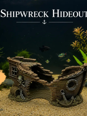 epave-navire-pirate-aspect-bois Vue de face d'une cachette épave navire pirate aquarium, montrant une coque brune brisée en son centre, avec un hublot circulaire et une grande ancre sculptée à l'avant.