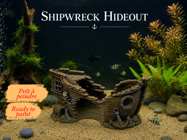 Vue de face d'une cachette épave navire pirate aquarium, montrant une coque brune brisée en son centre, avec un hublot circulaire et une grande ancre sculptée à l'avant.