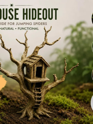cachette-cabane-arbre-terrarium Vue d'ensemble d'une cachette pour araignée sauteuse, représentant un arbre miniature couleur bois naturel avec son écorce très texturée et sa cabane sur pilotis nichée entre les branches.