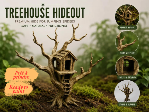 cachette-cabane-arbre-terrarium Vue d'ensemble d'une cachette pour araignée sauteuse, représentant un arbre miniature couleur bois naturel avec son écorce très texturée et sa cabane sur pilotis nichée entre les branches.