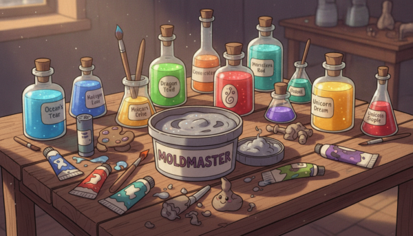 Un assortiment de flacons de pigments liquides colorés et de tubes de gouache disposés sur une table d'atelier en bois avec un pot de Moldmaster, style lumineux et inspirant.