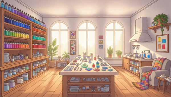 Un plan large et lumineux d'un atelier d'artiste montrant des étagères remplies de flacons de pigments colorés, de poudres de moulage et d'outils de précision pour la création de résine.
