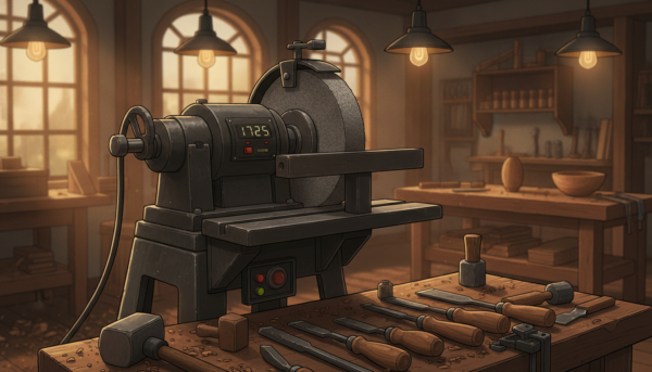Un touret à meuler professionnel de 200 mm, installé dans un atelier de tournage sur bois français, vitesse réglée à 1725 tours par minute, porte-outil robuste, éclairage chaleureux, outils de tournage en acier disposés autour, style réaliste et détaillé.