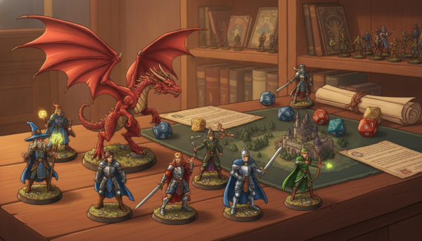 A beautifully arranged display of Dungeons and Dragons figurines in a soft-lit setting. In the foreground, a diverse array of intricately detailed miniatures, including a fierce dragon, a noble knight, an elven archer, and a whimsical wizard, all painted in vibrant colors. The middle ground features a wooden tabletop strewn with dice, character sheets, and a felt map, invoking a sense of adventure. In the background, dimly lit shelves display various fantasy books and additional figurines, enhancing the magical ambiance. The scene captures a cozy, inviting atmosphere suitable for a gaming night, with warm, ambient lighting highlighting the textures of the figurines. The angle is slightly elevated, offering a comprehensive view of this enchanting collection.