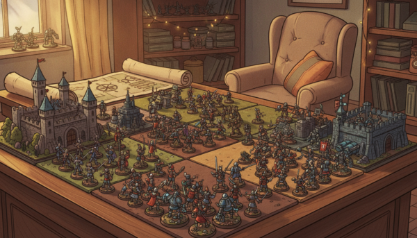 A beautifully arranged display of tabletop miniatures figurines, showcasing a variety of genres including fantasy knights, sci-fi robots, and historical warriors. In the foreground, a detailed wooden gaming table holds a vibrant assortment of painted figures, each with intricate armor and expressive poses, reflecting their unique personalities. The middle ground features a soft-focus background of a cozy gaming room with warm lighting, shelves filled with more miniatures, and rolls of game maps. The lighting is soft and inviting, emphasizing the colors and textures of the figurines, with a slightly angled perspective to create depth. The mood is engaging and lively, inviting the viewer into the enchanting world of tabletop gaming.